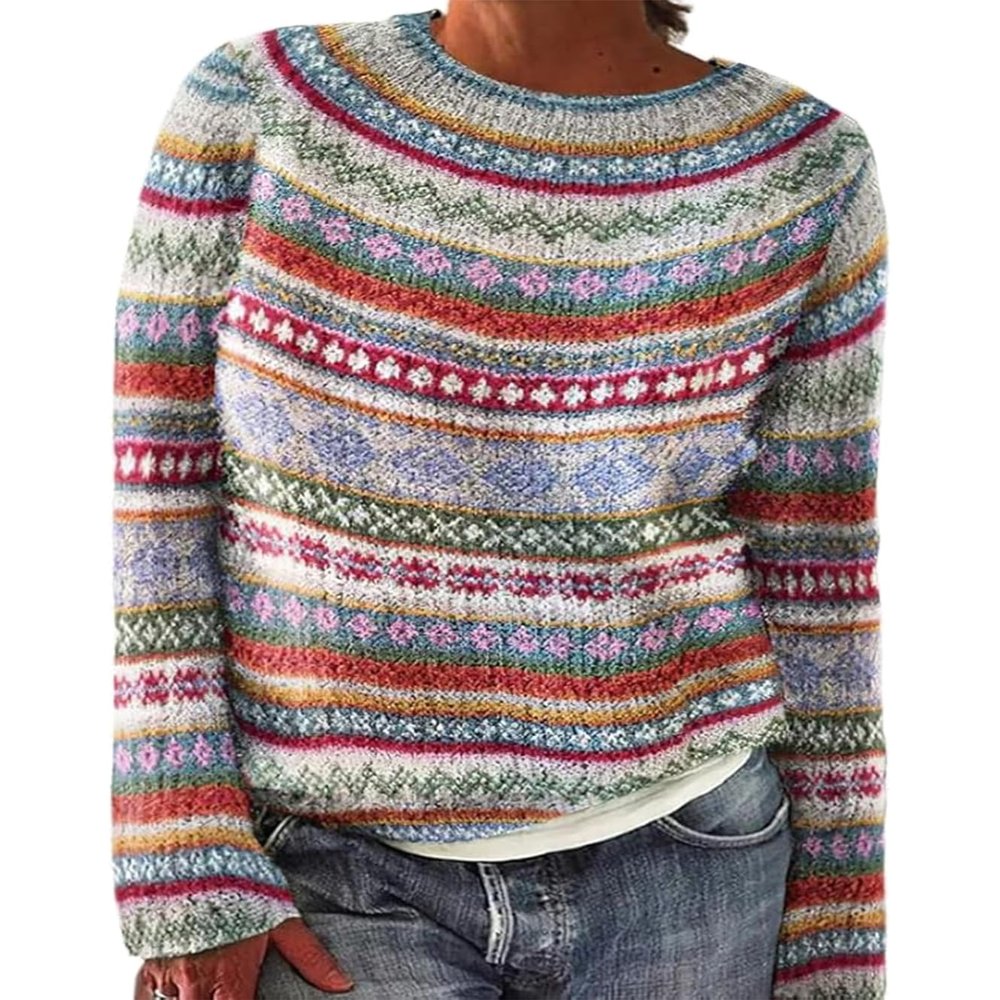 Cropped Ugly Sweaters for Women Vintage Print Long Sleeve Knit Sweater Fall Fair Isle Sweater Casual Loose Pullover Boho Tops Winter 2024