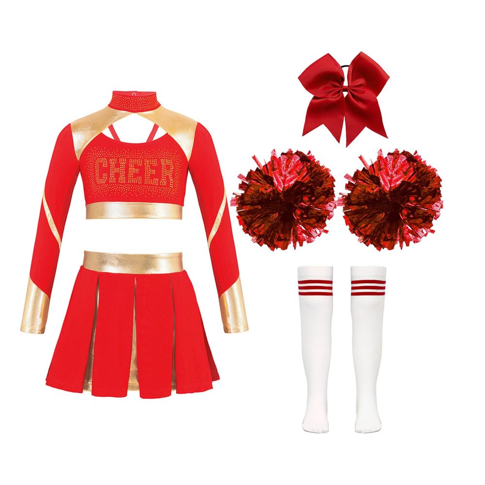 FEESHOW Girls Long Sleeve Cheerleading Outfit Shiny Crop Top with Pleated Skirt Headwear Striped Stockings Flower Balls Red 8 Years