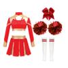 FEESHOW Girls Long Sleeve Cheerleading Outfit Shiny Crop Top with Pleated Skirt Headwear Striped Stockings Flower Balls Red 8 Years view 2
