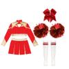 FEESHOW Girls Long Sleeve Cheerleading Outfit Shiny Crop Top with Pleated Skirt Headwear Striped Stockings Flower Balls Red 8 Years view 4