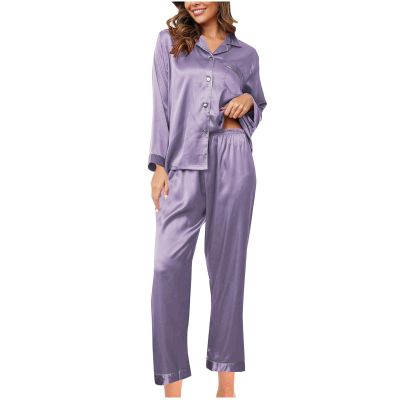 Xiaojmake Women Silk Pajamas Set 2024 Button Down Satin Silk Sleepwear Pj Set Long Sleeve Laple V Neck Loungewear Nightwear Purple