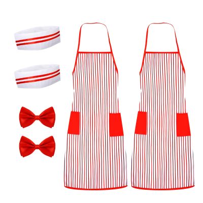 6pcs 1950s Waiter Costume Kit, Red White Striped Apron Chef Hat Red Bow Tie Candy Striper Costume Carnival Costume for Adult Halloween Christmas Cosplay Party