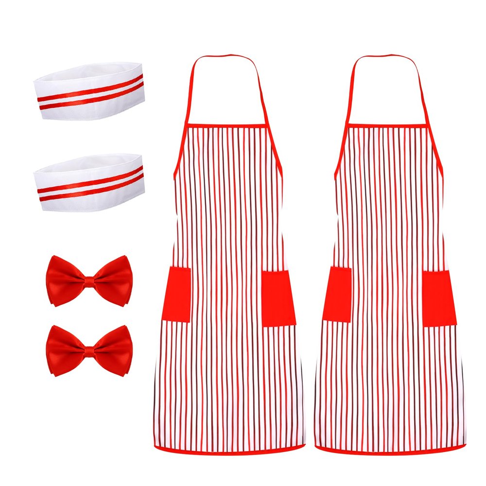 6pcs 1950s Waiter Costume Kit, Red White Striped Apron Chef Hat Red Bow Tie Candy Striper Costume Carnival Costume for Adult Halloween Christmas Cosplay Party