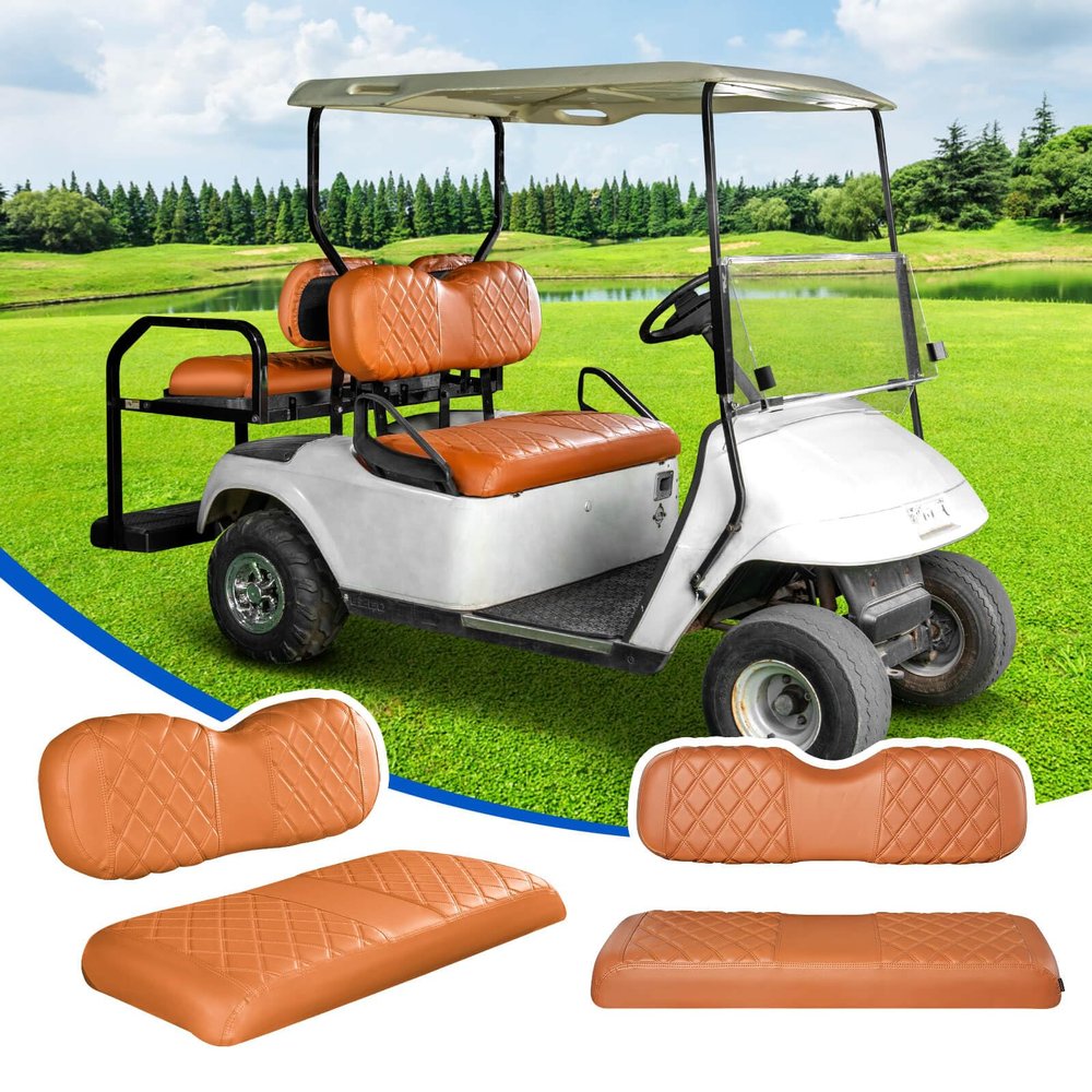 NOKINS 4PCS Golf Cart Diamond Seat Covers Kit, Front and Rear Seat Covers Fits EZGO Freedom TXT-T48 2014+ Standard Seat Cushion, Durable Breathable Vinyl (All Brown)