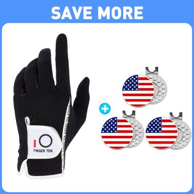 FINGER TEN Mens Golf Glove Left Hand Right Handed Golfer Rain Grip 1 Pack Golf Ball Marker with Hat Clip Markers Assorted Patterns Value Gift