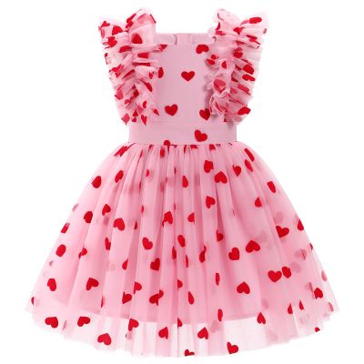 OBEEII Girls Hearts Prints Dress Toddler Ruffle Hearts Birthday Party Dress Little Girls Princess Pageant Dress Photoshoot Formal Prom Gown Red-Hearts 4-5 T