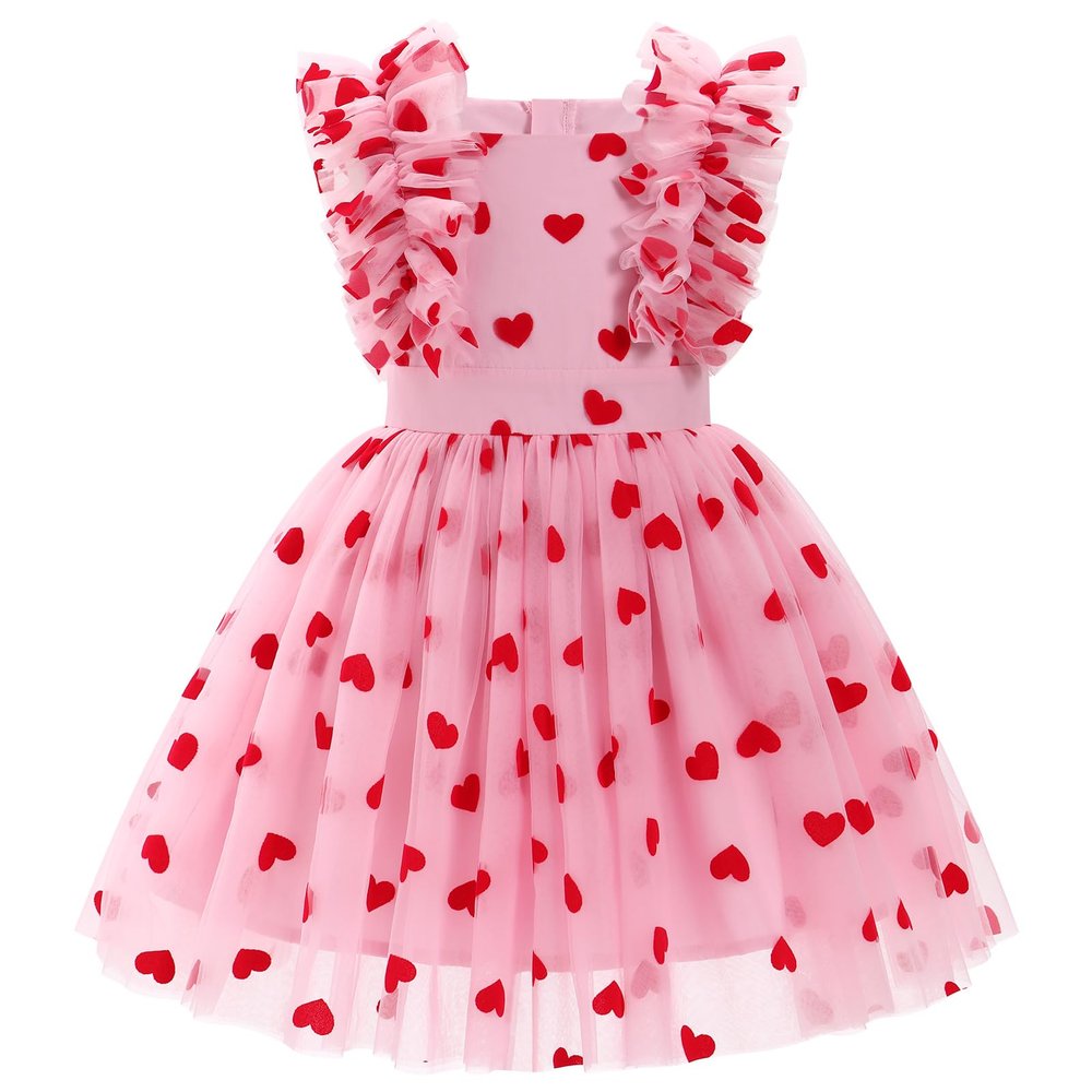 OBEEII Girls Hearts Prints Dress Toddler Ruffle Hearts Birthday Party Dress Little Girls Princess Pageant Dress Photoshoot Formal Prom Gown Red-Hearts 4-5 T