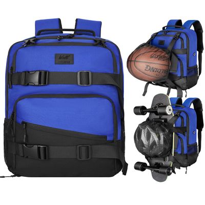 WOLT Skateboard Backpack, 15.6 Inch Laptop Backpack for Men Women, Sports Backpack with Ball Holder for Longboard Basketball Soccer, Blue