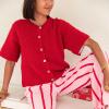 KMBANGI Women Knitted Cropped Blouse Short Sleeve Button Down Knit Shirt Crop Cardigan Y2k Open Front Pullover Tops(Dressy Red,S) view 2