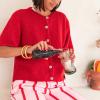 KMBANGI Women Knitted Cropped Blouse Short Sleeve Button Down Knit Shirt Crop Cardigan Y2k Open Front Pullover Tops(Dressy Red,S) view 3