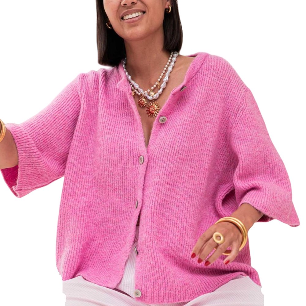 KMBANGI Women Knitted Cropped Blouse Short Sleeve Button Down Knit Shirt Crop Cardigan Y2k Open Front Pullover Tops(Dressy Rosy,M)