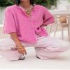 KMBANGI Women Knitted Cropped Blouse Short Sleeve Button Down Knit Shirt Crop Cardigan Y2k Open Front Pullover Tops(Dressy Rosy,M) view 2