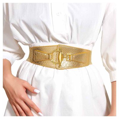 Yalice Women Wide Elastic Waist Belt Gold Stretch Belt for Dresses Thick Leather Belts Cosplay Waistband for Ladies (Gold, Fit Waist Size: 30''-36'')