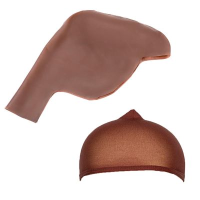 2PCS Wig Brown Caps Stretchy Nylon Skin Tone Wig Application Dark Brown Bald Cap,Latex Bald Cap Brown Skin with Hairnet for Women and Men