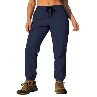 Womens Cargo Joggers with Pockets Hiking Pants Water Resistant Quick Dry Lightweight Elastic Waist Drawstring UPF 50+ Travel Casual Work Jogging Dark Blue S