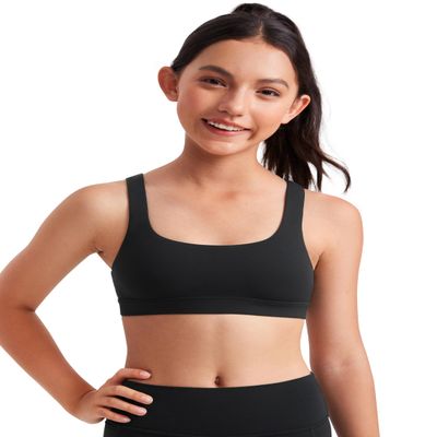 CRZ YOGA Girls Butterluxe U Back Sports Bra - Yoga Athletic Casual Tops Scoop Neck Padded Crop Kids Teen Black Medium