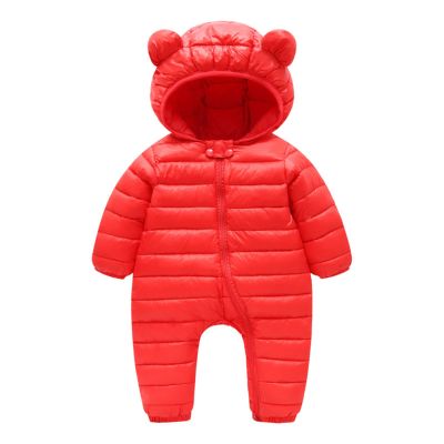 Newborn Baby Puffer One-Piece Snowsuit Boy Girl Lightweight Fluffy Down Jacket Hooded Jumpsuit Bear (Red, 0-3 Months)
