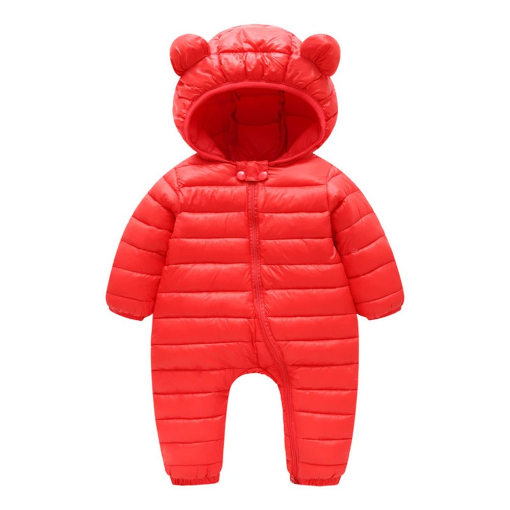 Newborn Baby Puffer One-Piece Snowsuit Boy Girl Lightweight Fluffy Down Jacket Hooded Jumpsuit Bear (Red, 0-3 Months)