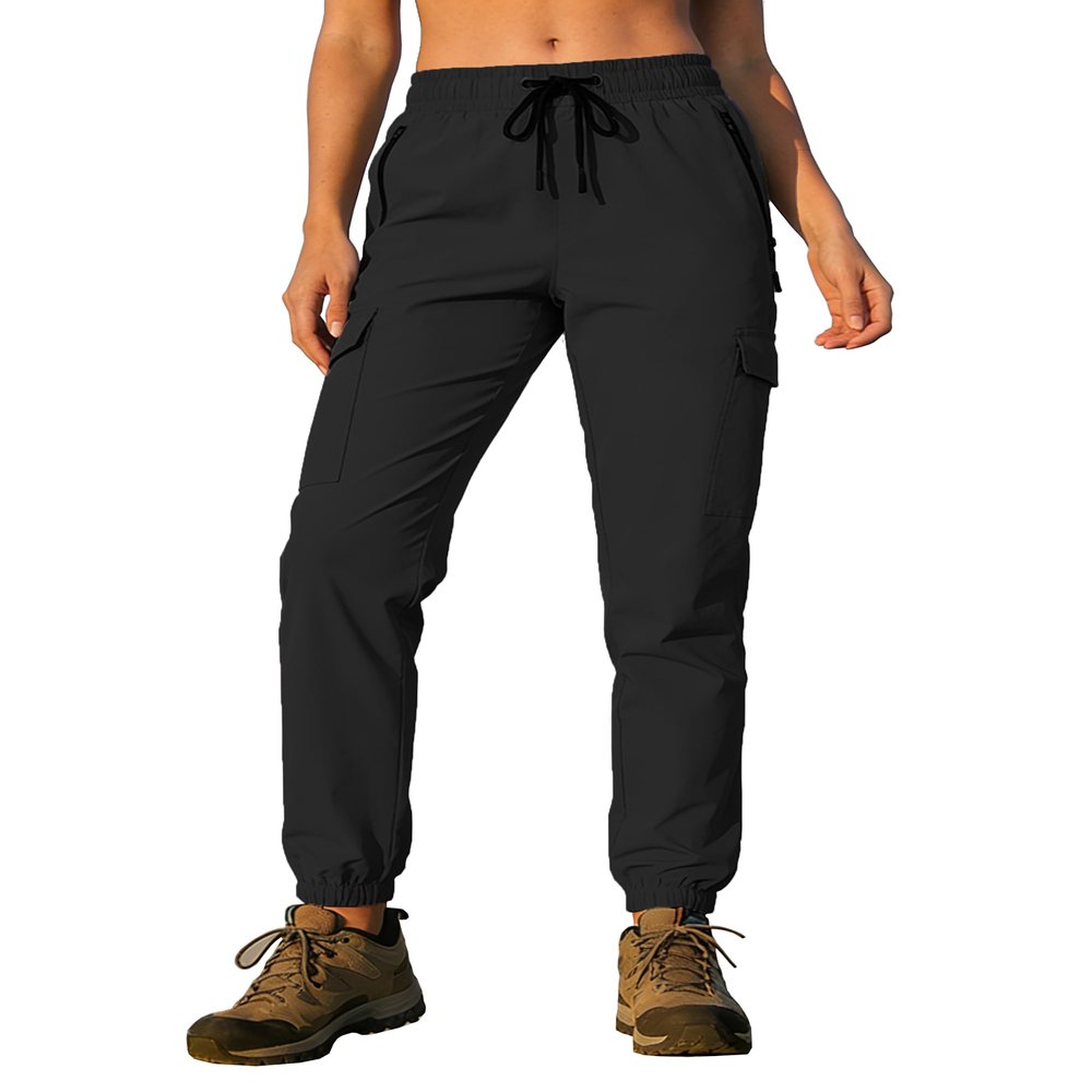 AGVNG Women Hiking Pants Waterproof Quick Dry Cargo Pants Joggers with Pockets Elastic Waist Drawstring UPF 50+ Lightweight Work Casual Travel Workout Black M