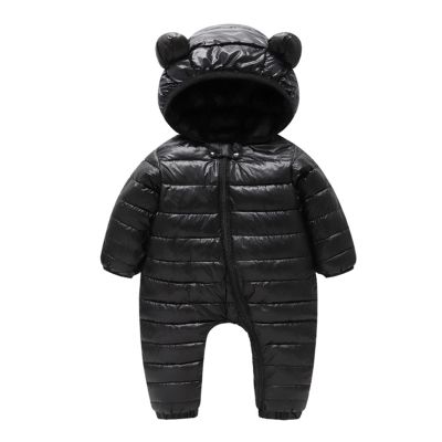 Newborn Baby Puffer One-Piece Snowsuit Boy Girl Lightweight Fluffy Down Jacket Hooded Jumpsuit Bear (Black, 3-6 Months)