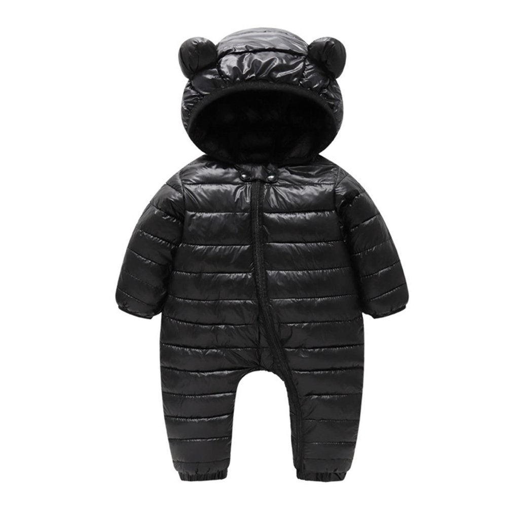 Newborn Baby Puffer One-Piece Snowsuit Boy Girl Lightweight Fluffy Down Jacket Hooded Jumpsuit Bear (Black, 3-6 Months)