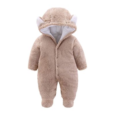 Baby Girls' Footed Jumpsuit Fluffy Fleece Hooded Romper Newborn Bear Snowsuit One-Piece Baby Boys' (Khaki, 9-12 Months)