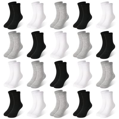 ZERULETS 20 Pairs Toddler Kids Crew Socks - Boys Girls Athletic Mid Calf Cut for School, 1-13 YearsBlack, White, Gray, 2-4 Years