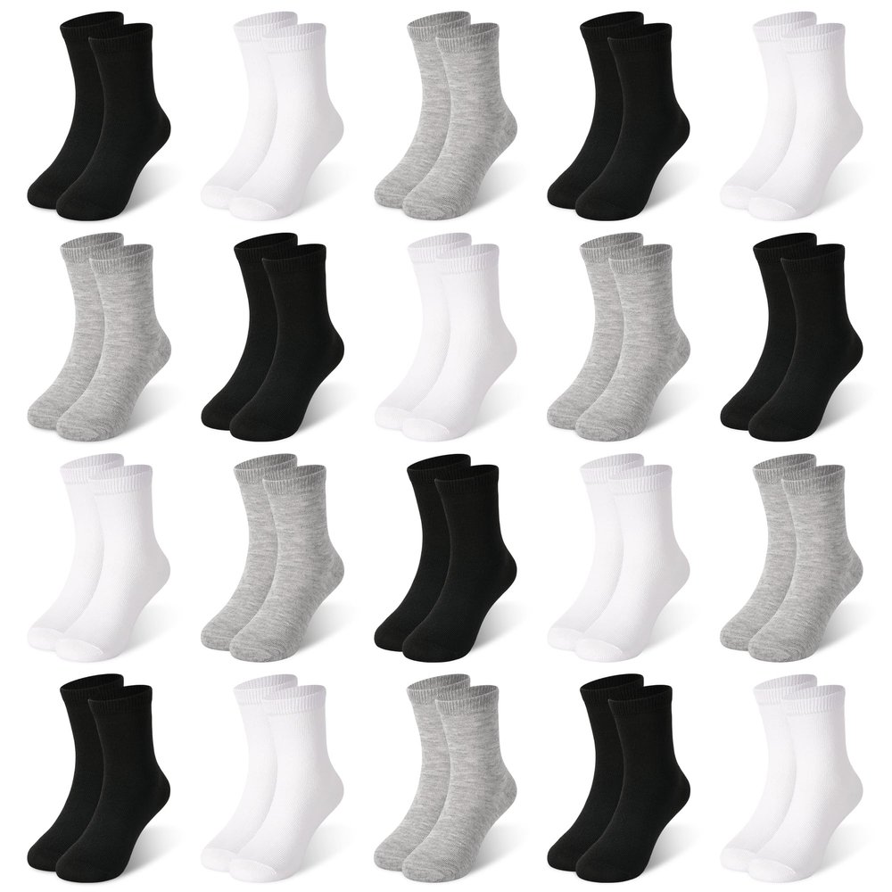 ZERULETS 20 Pairs Toddler Kids Crew Socks - Boys Girls Athletic Mid Calf Cut for School, 1-13 YearsBlack, White, Gray, 2-4 Years