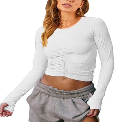 Vivitulip Womens Long Sleeve Shirts Basic Fall Ruched Slim Fitted Crop Tops Tight Athletic Blouse with Thumb Holes White