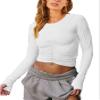 Vivitulip Womens Long Sleeve Shirts Basic Fall Ruched Slim Fitted Crop Tops Tight Athletic Blouse with Thumb Holes White view 1
