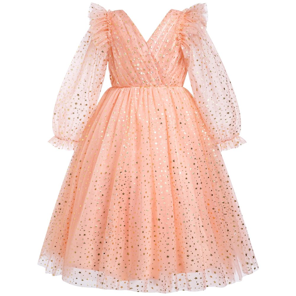 Baby Girl Wedding Flower Girl Dress Long Sleeve Glitters Ruffle Tulle Tutu Dress Birthday Dress Orange 5-6 Years