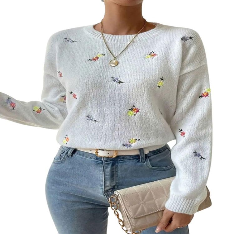 chouyatou Women's Ditsy Floral Embroidered Pullover Sweater Color Block Loose Fit Knit Jumper Tops (Large, White)