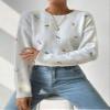 chouyatou Women's Ditsy Floral Embroidered Pullover Sweater Color Block Loose Fit Knit Jumper Tops (Large, White) view 4
