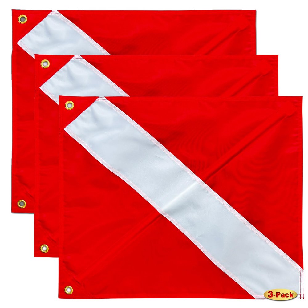 3 Pack Diver Down Flag with Removable Stiffening Pole 20 x 24 Inch- Nylon Red whithe Warning Diving Flag For Scuba Diving Spearfishing Freediving | Use with Float, Buoy, Boat