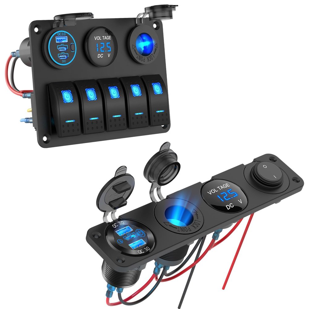 Marine Boat Switch Panel Waterproof, 5 Gang Marine Rocker Switch Aluminum Panel, 12V USB Outlet RV Accessories Marine Switch Panel Plug