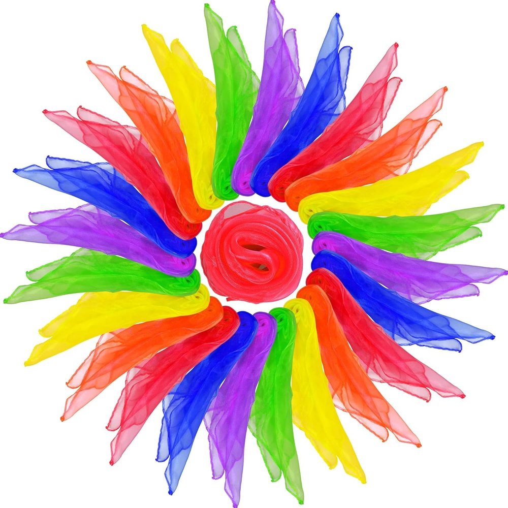 HKACSTHI Scarves for Kids Play Juggling Dance Scarves Toddler Sensory Toys Magic Trick Silk Scarf Play Silks for Toddlers Rainbow Scarf Dance Props for Music and Movement, 24 x 24 Inches (12 Pieces)