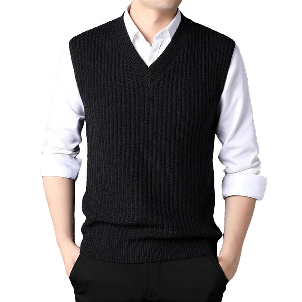Men Solid Simple All-Match V-Neck Retro Soft Knitted Sleeveless Sweaters Sport Vest(Black,Medium)