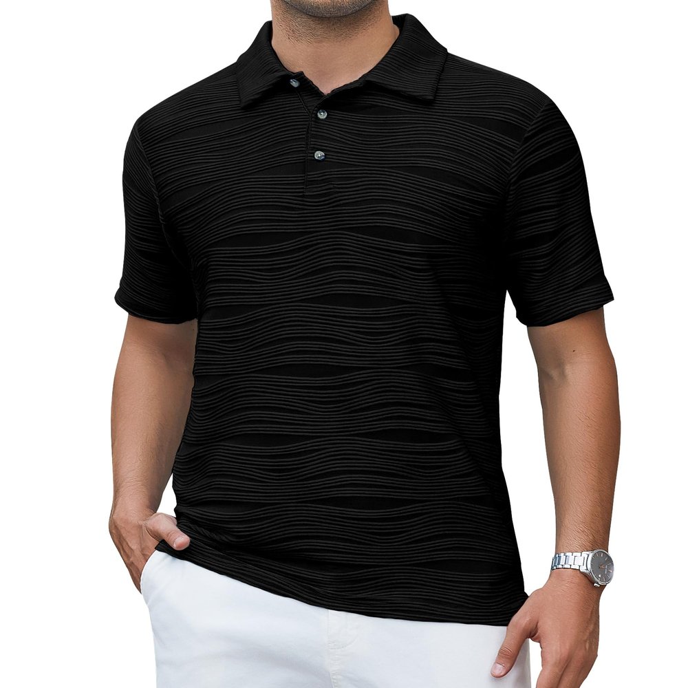 Alex Vando Mens Sweater Polo Short Sleeve Soft Knitted Jacquard Pullover Collared Shirts,Black,L