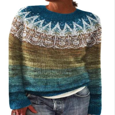 DMOYALA Women's Fair Isle Sweater Ethnic Blue Yellow Long Sleeve Boat Neck Lightweight Cropped Pullover Tops 2024 Fall Fashion Vintage Casual Fit Knitted Sweater Tops for Winter Christmas