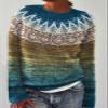 DMOYALA Women's Fair Isle Sweater Ethnic Blue Yellow Long Sleeve Boat Neck Lightweight Cropped Pullover Tops 2024 Fall Fashion Vintage Casual Fit Knitted Sweater Tops for Winter Christmas view 2