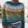 DMOYALA Women's Fair Isle Sweater Ethnic Blue Yellow Long Sleeve Boat Neck Lightweight Cropped Pullover Tops 2024 Fall Fashion Vintage Casual Fit Knitted Sweater Tops for Winter Christmas view 3