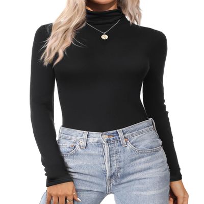 Ekouaer Women's Turtleneck Long Sleeve Shirts Thermal Underwear Tops Basic Slim Fit Fall Fashion Lightweight Top Black XXL