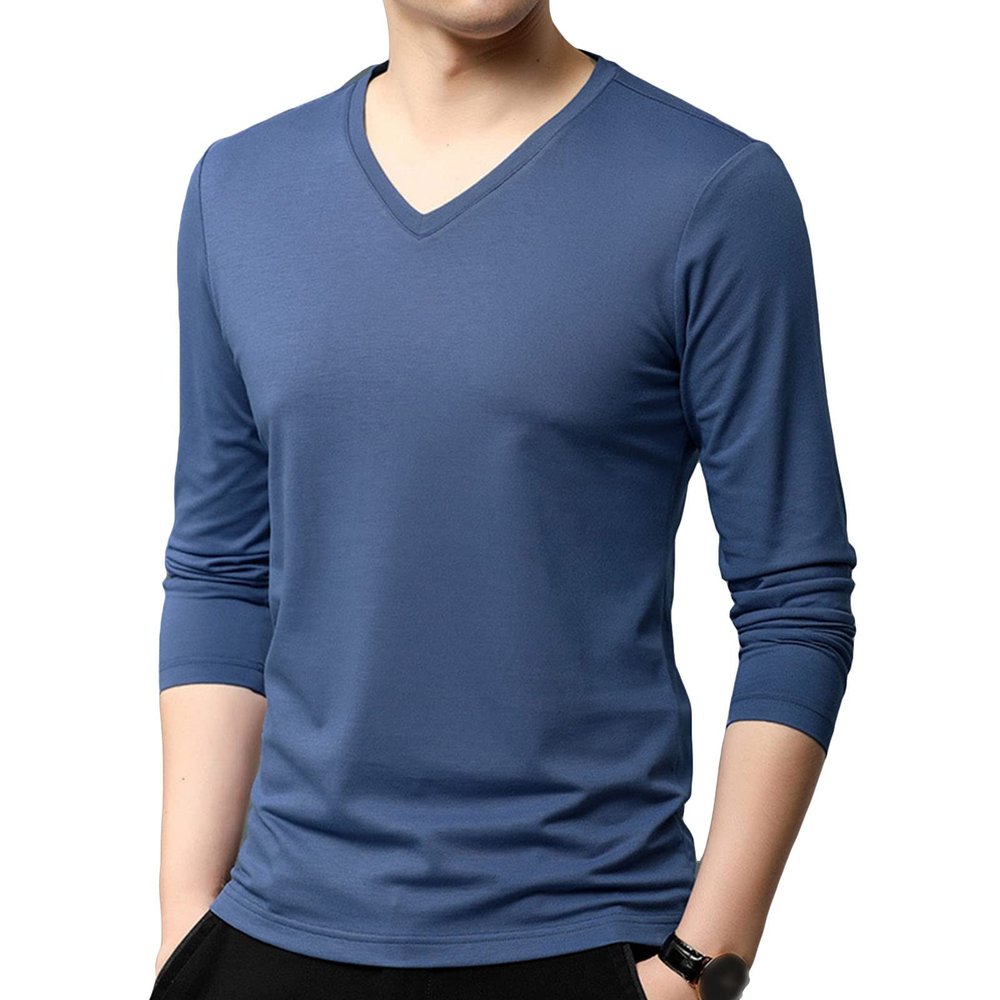 Men's Fashion Long Sleeve Shirts Soft Stretch V Neck Basic Cotton Tees Crew Neck Classic Casual Pullover T-Shirt (X-Large,Blue 1)