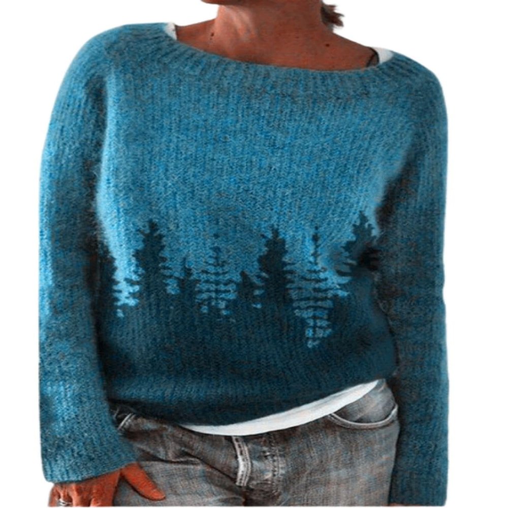 DMOYALA Women's Fair Isle Sweater Tree Blue Long Sleeve Boat Neck Lightweight Cropped Pullover Tops 2024 Fall Fashion Vintage Casual Fit Knitted Sweater Tops for Winter Christmas