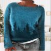 DMOYALA Women's Fair Isle Sweater Tree Blue Long Sleeve Boat Neck Lightweight Cropped Pullover Tops 2024 Fall Fashion Vintage Casual Fit Knitted Sweater Tops for Winter Christmas view 3