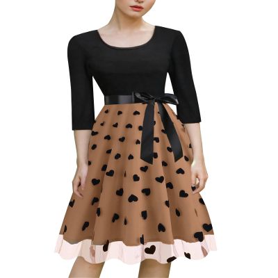 Women's 1950s Retro Vintage Dress 3/4 Sleeve Floral Embroidered Tulle Swing Dress with Belt Cocktail Dress Khaki XXL