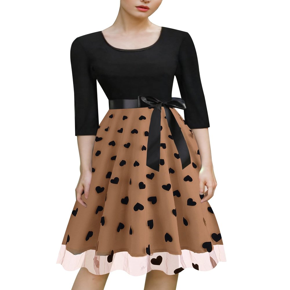 Women's 1950s Retro Vintage Dress 3/4 Sleeve Floral Embroidered Tulle Swing Dress with Belt Cocktail Dress Khaki XXL