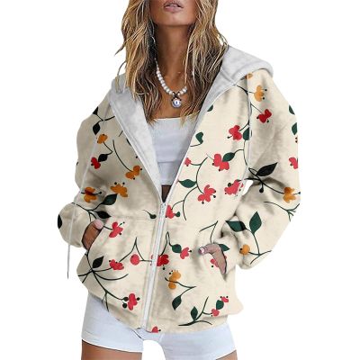 Bengbobar Women's Trendy Floral Printing Hoodie Jacket Zip Up Long Sleeve Sweatshirts Fall Coats for Women 2024 With Pockets,12-Beige,4XL