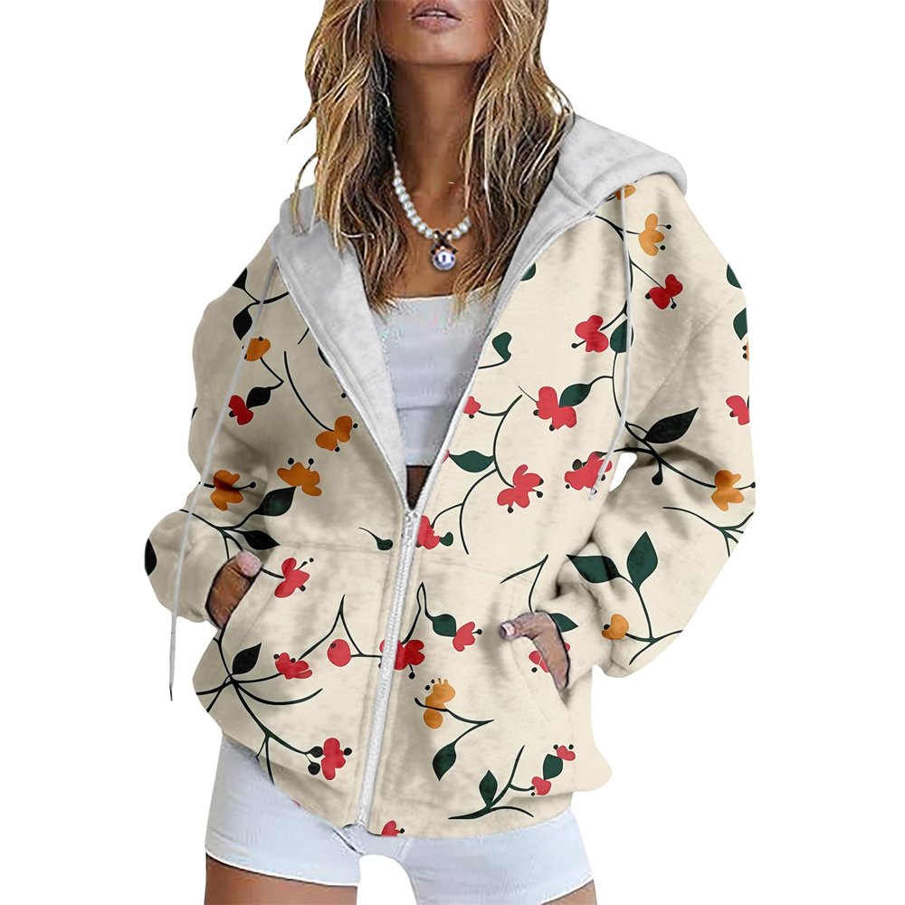 Bengbobar Women's Trendy Floral Printing Hoodie Jacket Zip Up Long Sleeve Sweatshirts Fall Coats for Women 2024 With Pockets,12-Beige,4XL