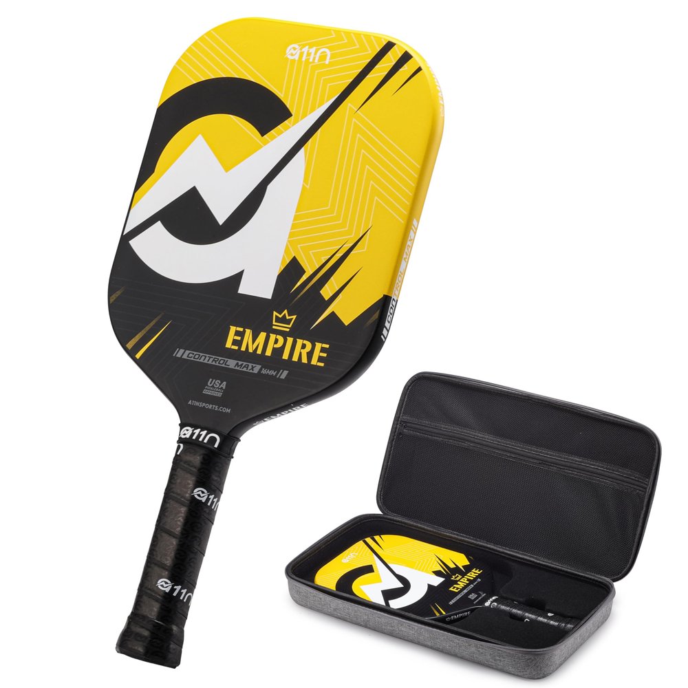 A11N Empire Edgeless Pickleball Paddle Carbon Fiber Paddle with Longer Handle Design for Double-Handed Backhand & SuperGrit Surface Texture Technology, ControlMax - Wide Body Shape, Yellow